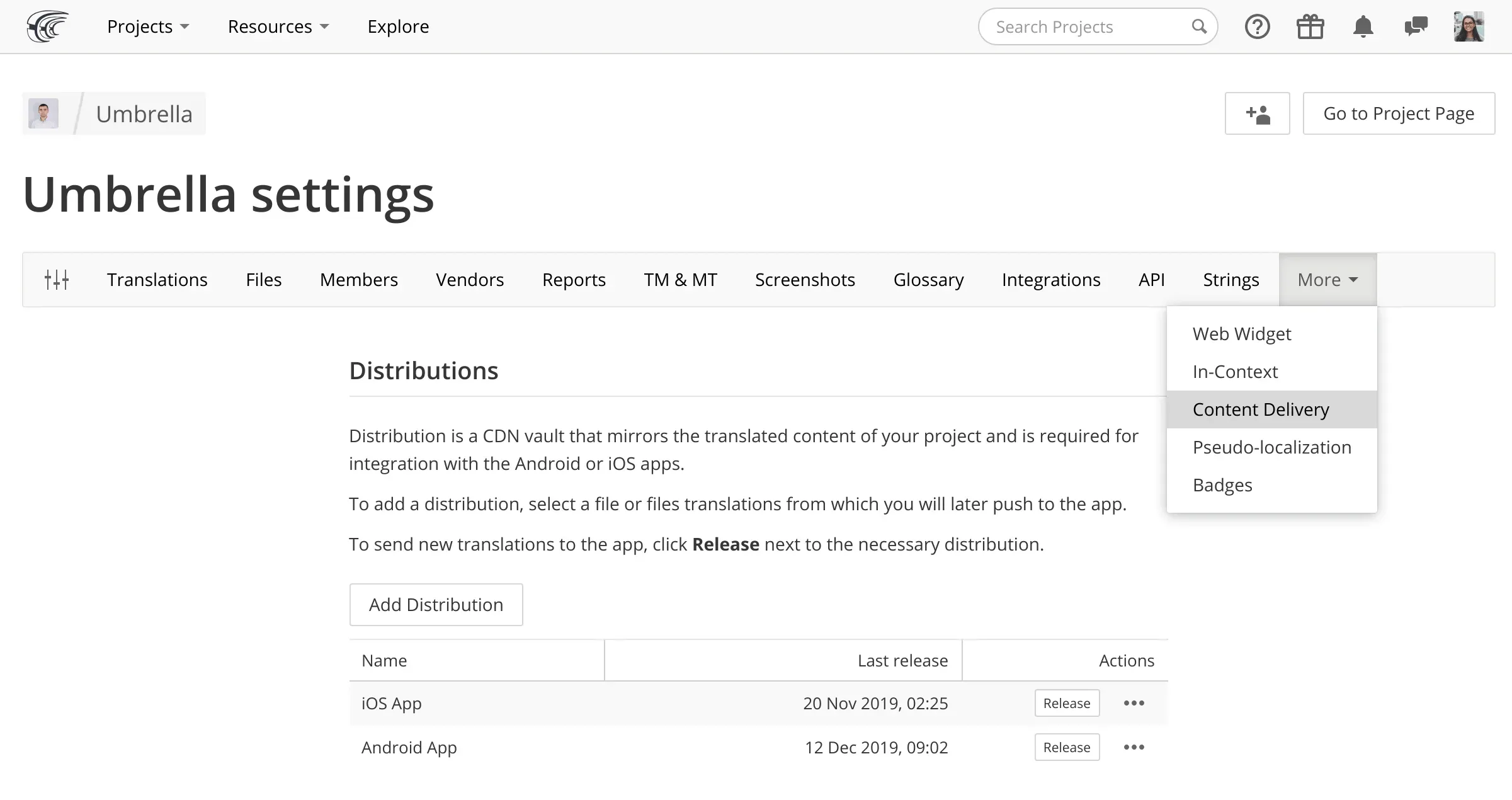Screenshot of the Over-the-Air (OTA) content distribution settings in Crowdin.